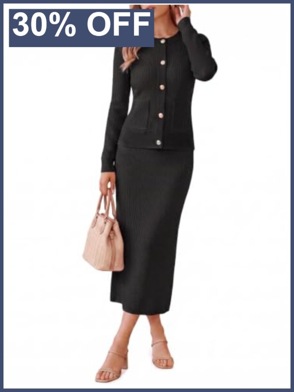 Women's 2 Piece Ribbed Knit Cardigan and Maxi Skirt Set Button Down